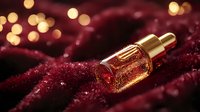 Luxurious serum bottle with gold shimmer particles on burgundy velvet background with festive bokeh lights, cosmetic product photography for beauty brands.
