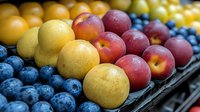 Fresh organic fruits arranged in rows at farmers market display - ripe blueberries, yellow plums and red nectarines with water droplets showing natural freshness.