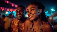 Young African American woman with braided hair smiling joyfully at night event with bokeh lights and male friend in background celebrating urban nightlife.