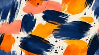 Abstract dynamic brush strokes pattern in navy blue, orange and coral colors with paint splatters on white background, modern artistic design for wall art and textiles.