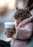 Cozy gerbil wrapped in pink fleece blanket holding coffee cup and wearing headphones, humorous concept for morning routine and caffeine addiction lifestyle photography.