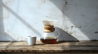Coffee brewing setup with glass pour-over carafe and white ceramic cup on rustic wooden surface, dramatic natural lighting casting shadows on textured wall.