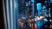 Rainy night cityscape viewed through wet window glass, with defocused blue neon lights and bokeh creating moody urban atmosphere. Reflections blend with water droplets.