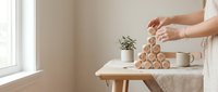 Woman hands building wooden block tower on minimalist table with plant and cup in bright natural light interior for mindfulness and balance concept.