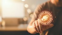 Businessman touching glowing digital interface with finger in modern office environment showcasing innovation and futuristic technology solutions.