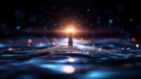 Glowing lighthouse beacon illuminates dark stormy waters with magical bokeh lights and sparkles creating dreamy atmospheric seascape at night.