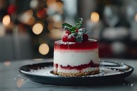 Festive mini cheesecake with red berry layers and holly decoration on dark plate against blurred holiday lights background, garnished with fresh mint and berries.
