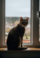 Tabby cat sitting on windowsill looking out at landscape view. Domestic pet gazing through open window with countryside scenery in background.