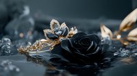 Black rose with golden jewelry and diamonds on dark reflective surface creates dramatic luxury composition with water drops and bokeh light effects in background.