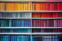 Colorful bookshelf with books arranged by color spectrum from yellow to red, blue to purple, creating vibrant rainbow pattern for library or bookstore display.