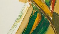Abstract art composition featuring dynamic brushstrokes in green, yellow and beige tones creating diagonal movement across canvas, modern artistic expression in oil paint medium.