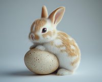 Adorable spotted bunny rabbit sitting next to large speckled egg on light gray background, soft lighting creates gentle shadows and highlights fluffy fur texture.