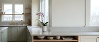 Minimalist kitchen interior with white cabinetry, orchid plant in ceramic pot, and natural light from windows. Scandinavian design aesthetic.