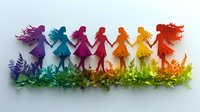Rainbow colored paper cut silhouettes of dancing women holding hands with floral decorative elements along bottom edge, gradient effect from purple to red creates depth.