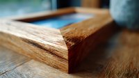 Extreme close-up of wooden picture frame corner showing natural wood grain texture and craftsmanship detail against blurred background.