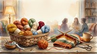 Wicker basket filled with colorful yarn balls and knitting needles on wooden table, with blurred figures crafting in cozy living room background.