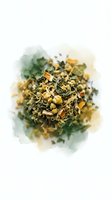 Dried herbal tea blend with chamomile, green tea leaves, and botanicals isolated on white background with watercolor effect, ready for packaging and wellness product design.