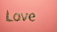 Green leaves arranged to spell love word on coral pink background for romantic nature typography design and eco-friendly wedding decorations.