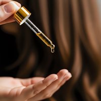Hand holding glass dropper bottle dispensing golden serum oil drop for skincare routine and beauty treatment application.