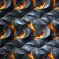 Seamless abstract pattern with curved metallic shapes in dark gray and gold colors creating dimensional effect. Repeatable luxury background for design projects.