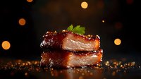 Juicy glazed pork belly slices with crispy caramelized crust stacked on dark background with bokeh lights and herbs, food photography for restaurant menu.