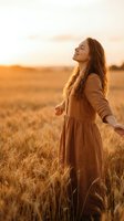 Young woman with long brown hair enjoying freedom in golden wheat field at sunset, arms outstretched, wearing brown dress, peaceful moment in nature.