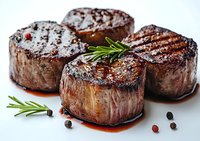 Grilled beef tenderloin medallions with rosemary sprigs and peppercorns on white background. Juicy steak filets with char marks and sauce.