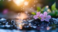 Pink flower on wet stones with water drops and sunlight bokeh creating magical atmosphere in nature macro photography. Peaceful zen garden scene.