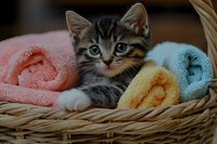 Adorable tabby kitten with blue eyes resting in wicker basket surrounded by soft colorful rolled towels, creating cozy domestic scene for pet care and comfort.