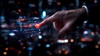Male hand touching digital interface with glowing data visualization and code elements against dark background with bokeh lights, representing futuristic technology interaction.