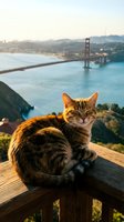 Tabby cat sitting on wooden railing overlooking suspension bridge and bay at golden hour sunset with warm lighting and scenic coastal landscape view.