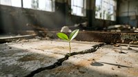 Small green plant seedling growing through crack in concrete floor of abandoned industrial building with sunlight streaming through windows.