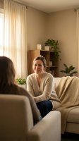 Middle-aged Caucasian woman therapist counselor having friendly conversation with client in cozy modern office setting with plants and natural lighting.