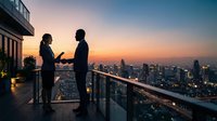 Two professionals in business attire stand on a high-rise balcony overlooking an illuminated cityscape at sunset, discussing work matters during golden hour with urban skyline backdrop.