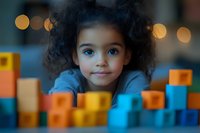 Mixed race girl with curly afro hair and blue eyes smiling while playing with colorful building blocks, soft bokeh lights in background, childhood development concept.