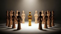 Golden figure standing out among wooden figures in spotlight representing leadership excellence and unique talent in business teamwork.