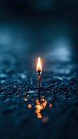 Single burning match flame reflecting in water droplets against dark blue background, creating magical bokeh effect and atmospheric mood.
