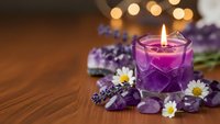 Purple candle burning surrounded by lavender flowers, amethyst crystals and daisies on wooden table with warm bokeh lights creating spa atmosphere.