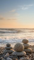 Zen stone stacks on pebble beach at sunset with soft ocean waves and golden sky creating peaceful meditation atmosphere for wellness and mindfulness concepts.