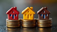 Small colorful toy houses in red, yellow and brown placed on stacks of golden coins against dark background, representing real estate investment and property market.