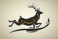 Stylized leaping deer silhouette with antlers in brown and black tones against light background, featuring dynamic motion and minimalist pine tree element.