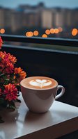 Cappuccino with heart latte art next to orange chrysanthemums on windowsill at dusk, city lights bokeh in background creates cozy autumn atmosphere.