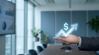 Businessman hand holding glowing dollar sign with upward arrow, symbolizing financial growth, profit increase, and investment success in modern office environment.