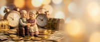 Elderly couple figurines sitting together on financial documents with vintage clocks and warm bokeh lights creating nostalgic retirement planning atmosphere.