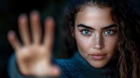 Young woman with striking blue eyes and freckles making stop gesture with palm forward, wearing dark sweater against blurred background. Dramatic portrait.