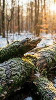 Moss-covered fallen logs in snowy winter forest with warm sunlight filtering through bare trees creating natural woodland scene for environmental concepts.