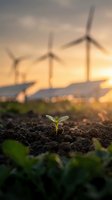 Small green seedling emerging from dark soil with wind turbines and solar panels in blurred background at golden hour sunset representing renewable energy growth.