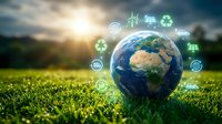 Earth globe on green grass with renewable energy icons floating above representing sustainable technology and environmental conservation solutions.