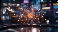 Glowing sparkler creating magical light trails against blurred city lights background, festive celebration atmosphere with bokeh effect and reflective surface.