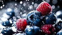 Fresh blueberries and raspberries with water drops and frost crystals on dark background, macro food photography in cold winter atmosphere.
